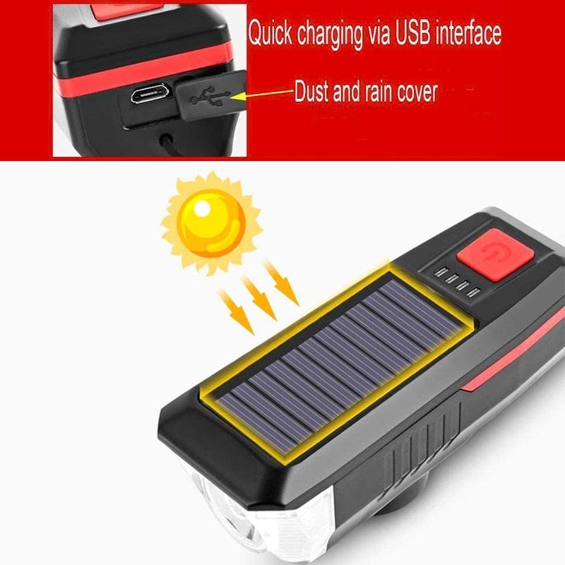 Solar Powered LED Bike Headlight with 140dB Horn & USB Charger