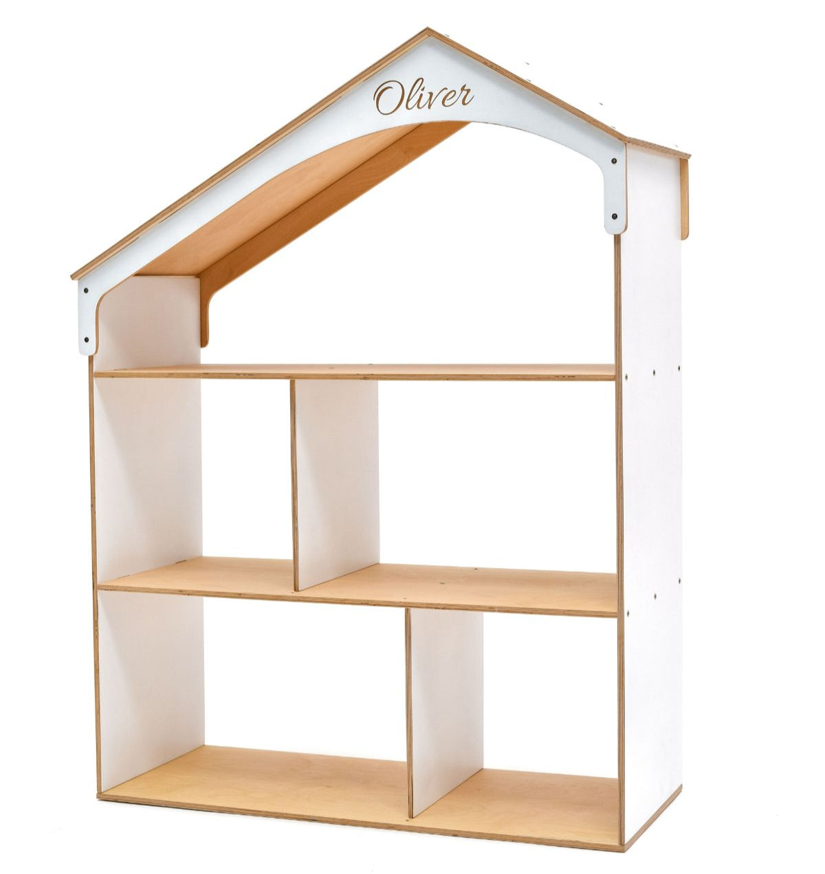 Wooden Dollhouse Bookshelf - Minimalist Scandi Storage for Kids