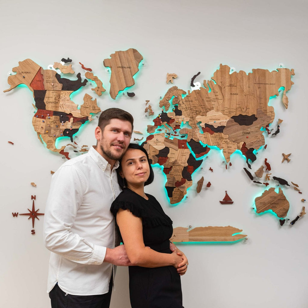 3D solid wooden world map featuring a durable acrylic background