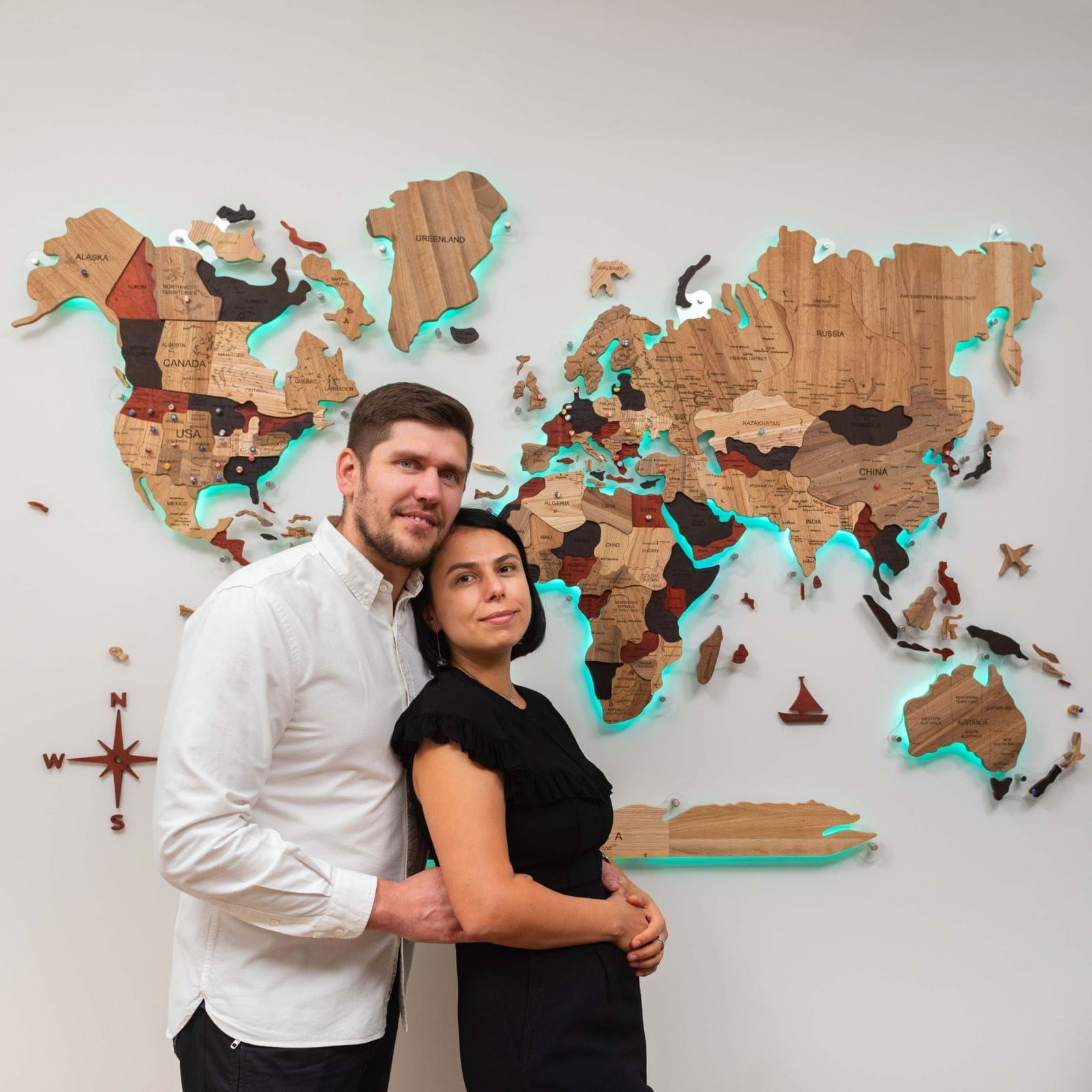 3D solid wooden world map featuring a durable acrylic background