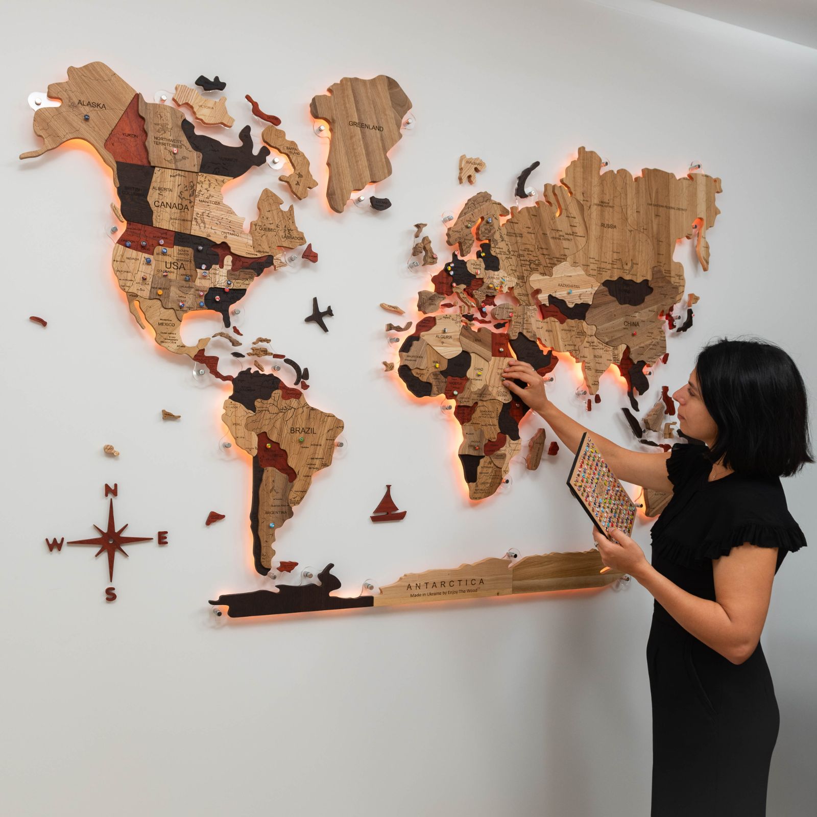 3D Solid Wooden World Map Wall Decor with Acrylic Base