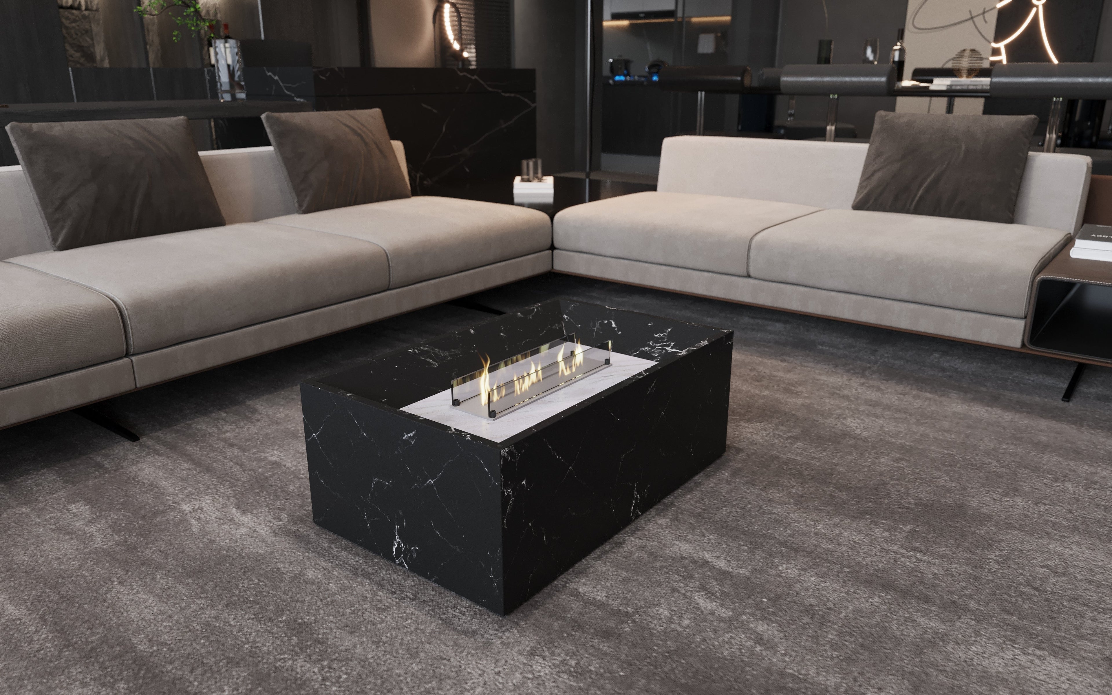 Black Marble Coffee Table with Built-in Fireplace