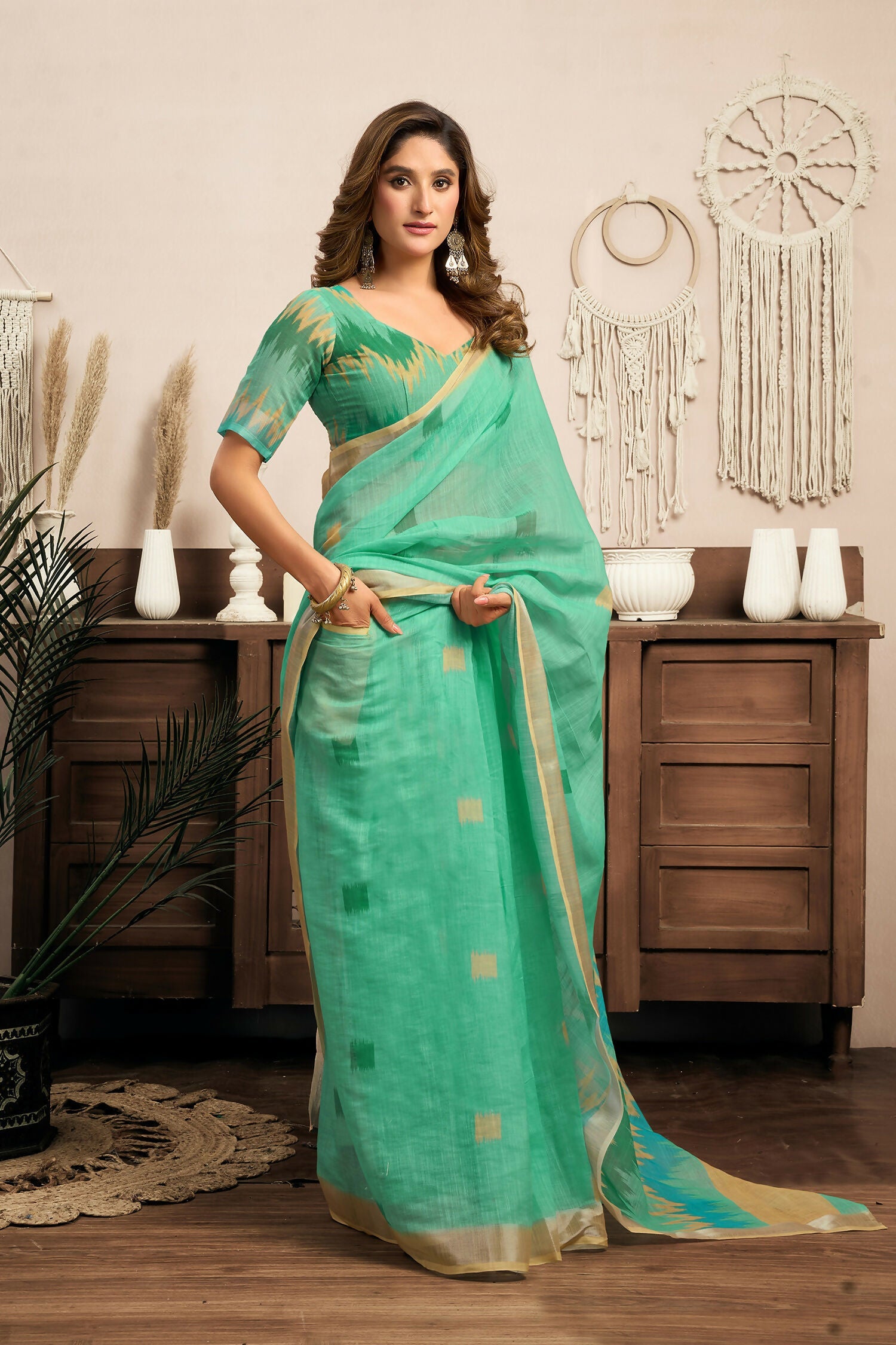 Teal Green Ikkat Linen Ready To Wear Saree with Blouse