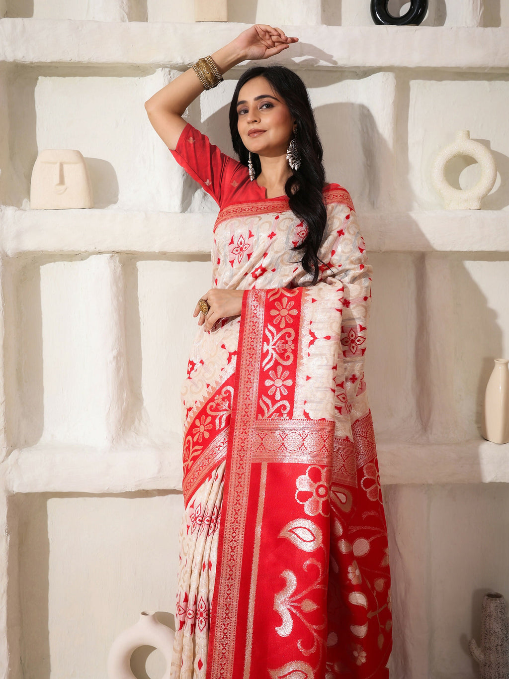 Linen Cotton Red and White Saree with Matching Blouse