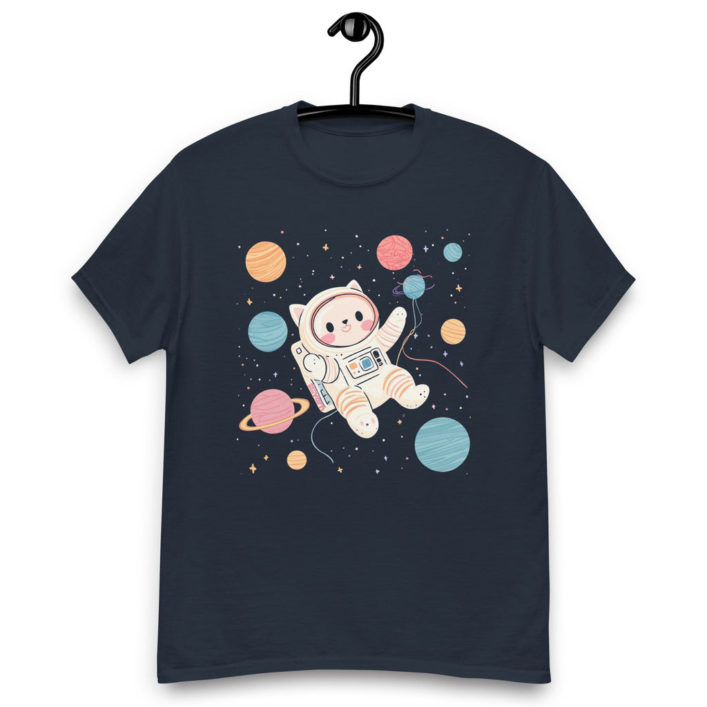 Astronaut cat chasing yarn planets on a soft graphic t-shirt