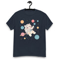 Astronaut cat chasing yarn planets on a soft graphic t-shirt