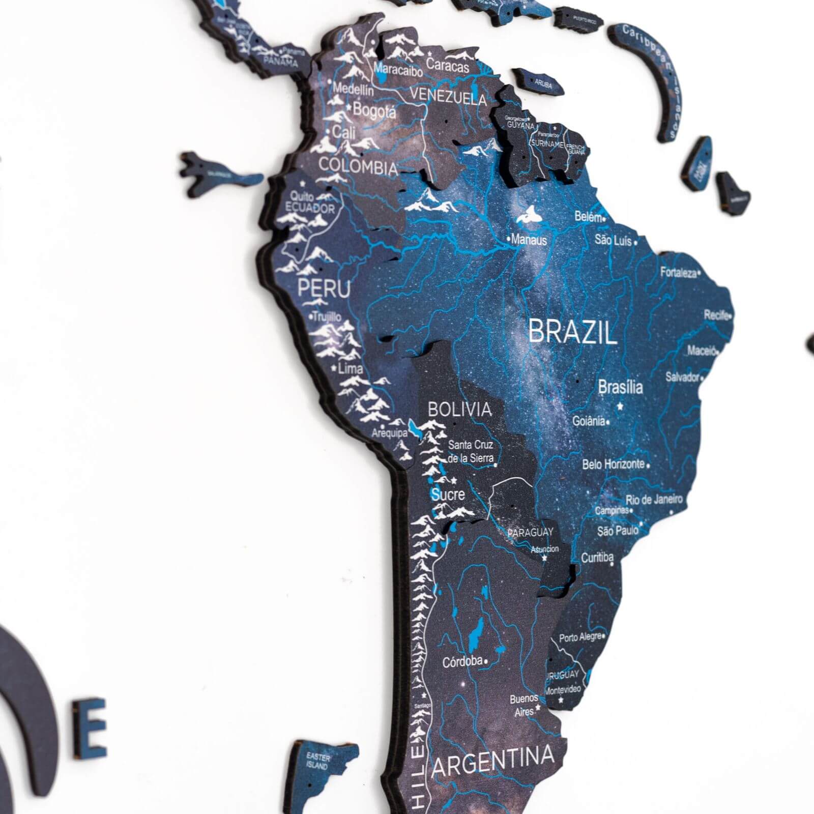3D Wooden World Map Space: Large Navy Blue Travel Wall Art