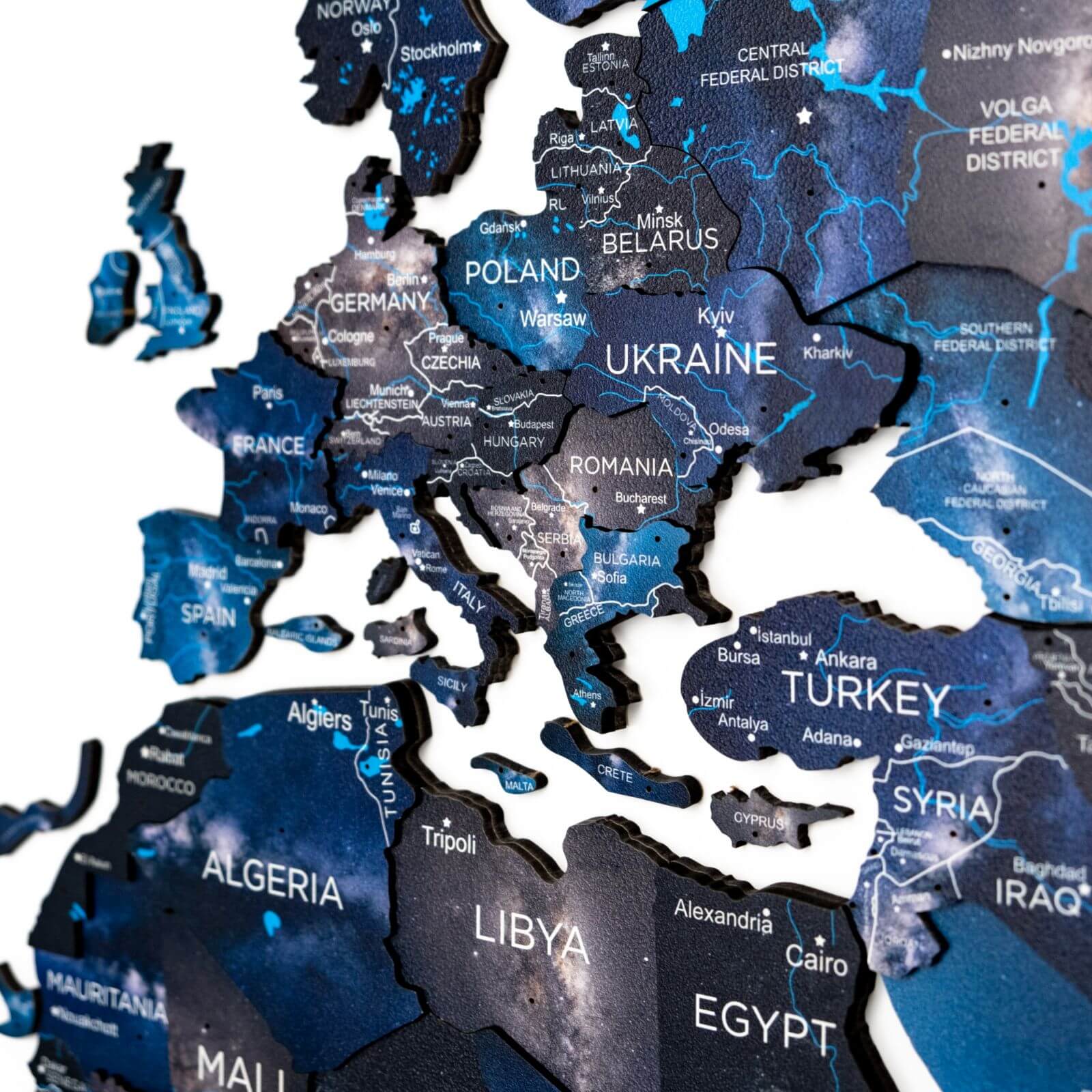 3D Wooden World Map Space: Large Navy Blue Travel Wall Art