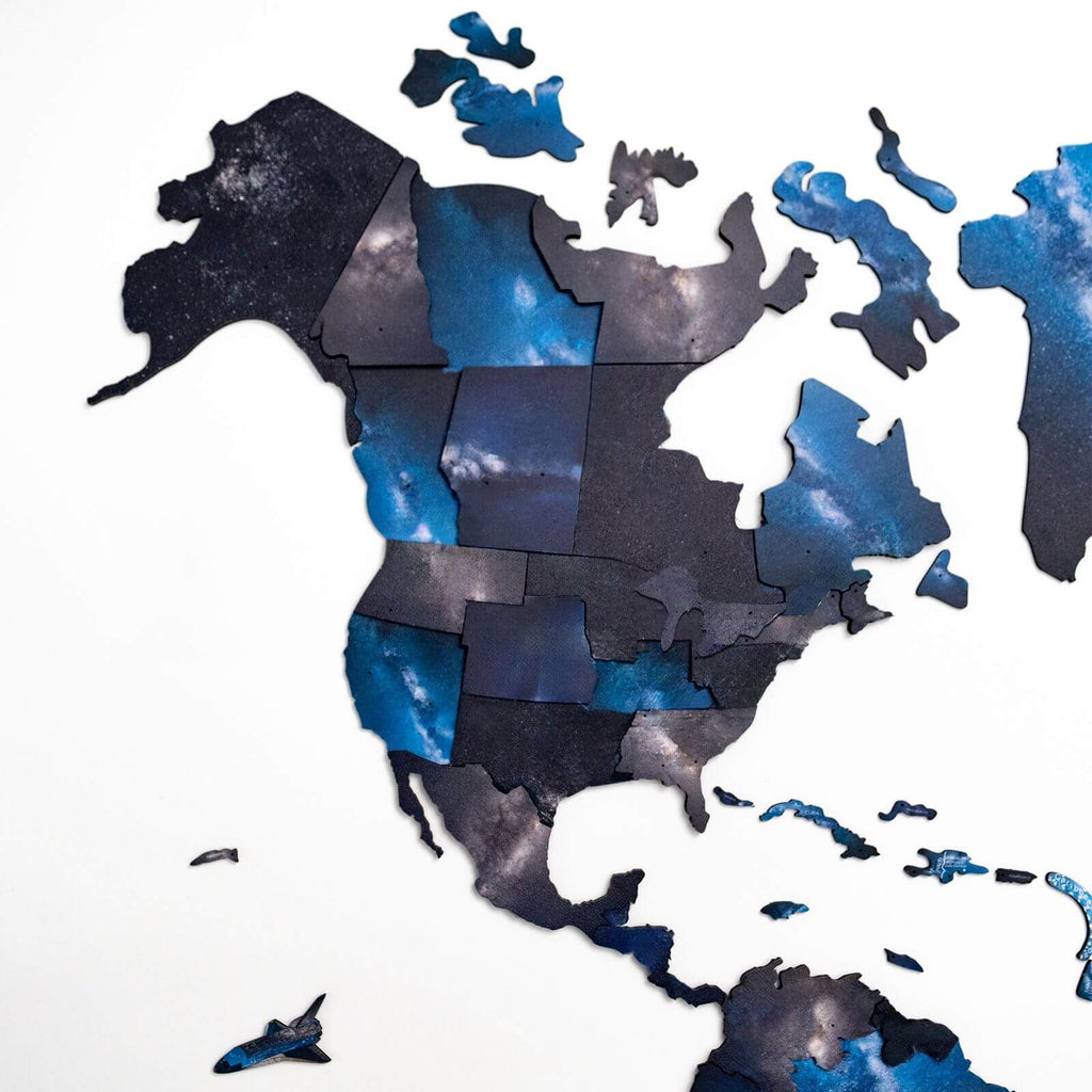 3D Wooden World Map Space: Large Navy Blue Travel Wall Art
