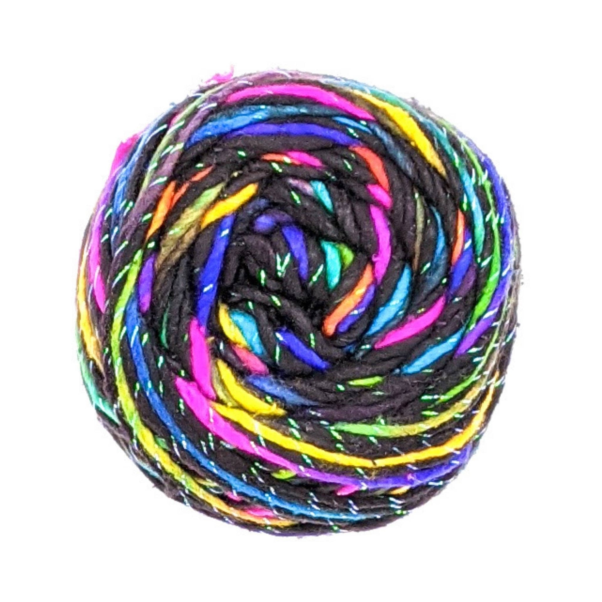Close up of vibrant Sparkle Cloud Recycled Silk worsted weight yarn texture