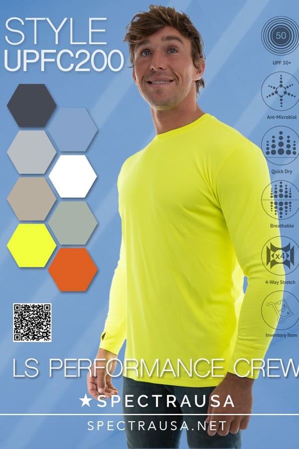Man wearing a neon yellow long sleeve UPF 50 performance crew shirt outdoors.