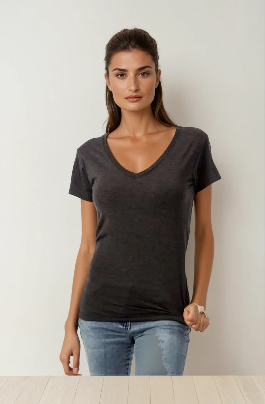 Women's Dark Grey V-Neck Short Sleeve Basic Everyday Tee - Image 2