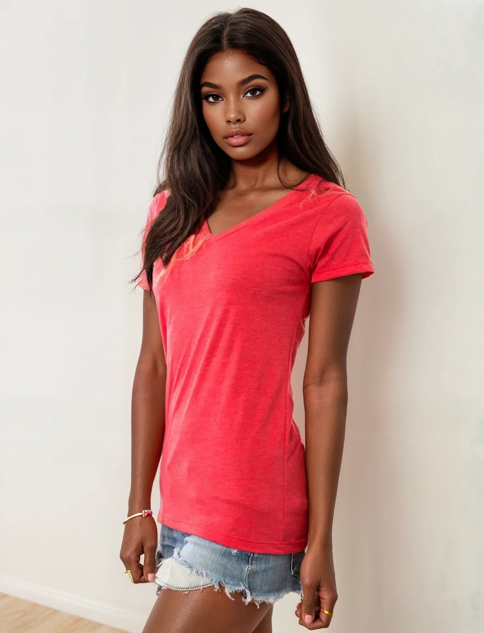Women's Dark Grey V-Neck Short Sleeve Basic Everyday Tee - Image 16