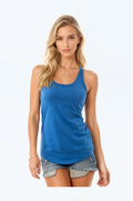 A woman wearing a royal blue racerback tank top, view from the front and back