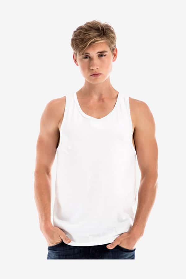 A man wearing a clean, white sleeveless tank top against a neutral background.
