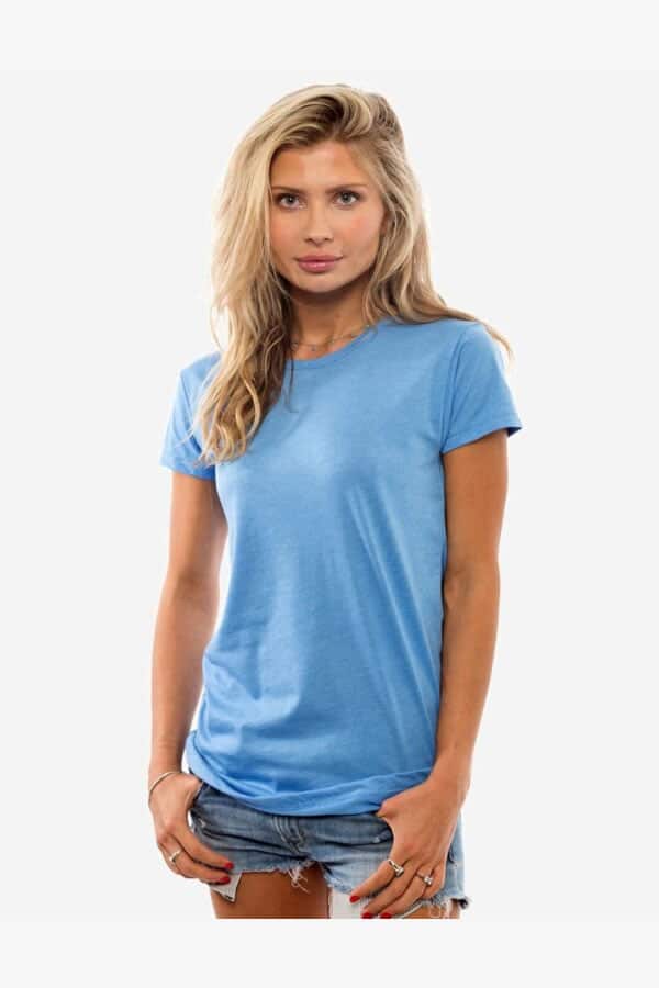 A woman wearing a lightweight blue crew neck t-shirt with a soft cotton blend finish.
