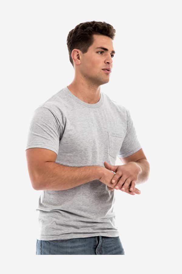 A man wearing a heather grey short-sleeve t-shirt with a chest pocket, shown from the side and front.