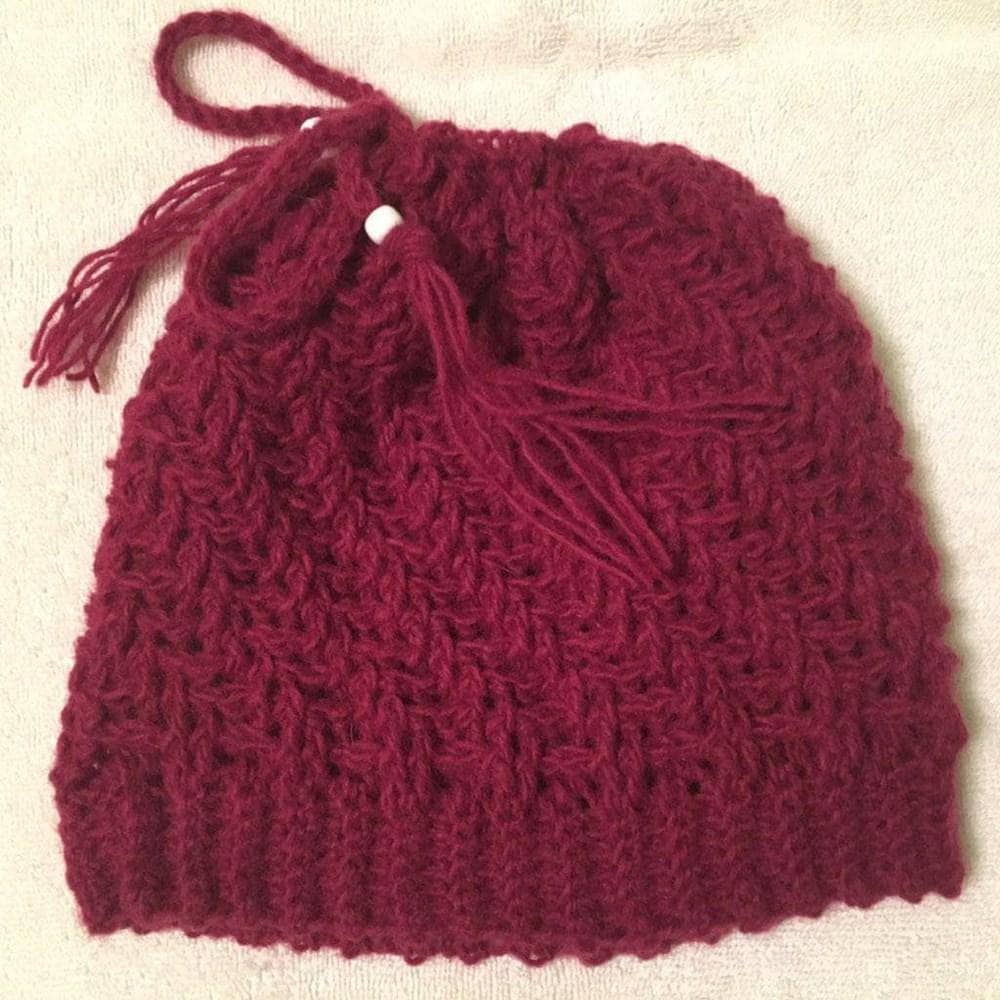 Spiral Hat Knit & Crochet Pattern - Boho Burgundy Ponytail Beanie