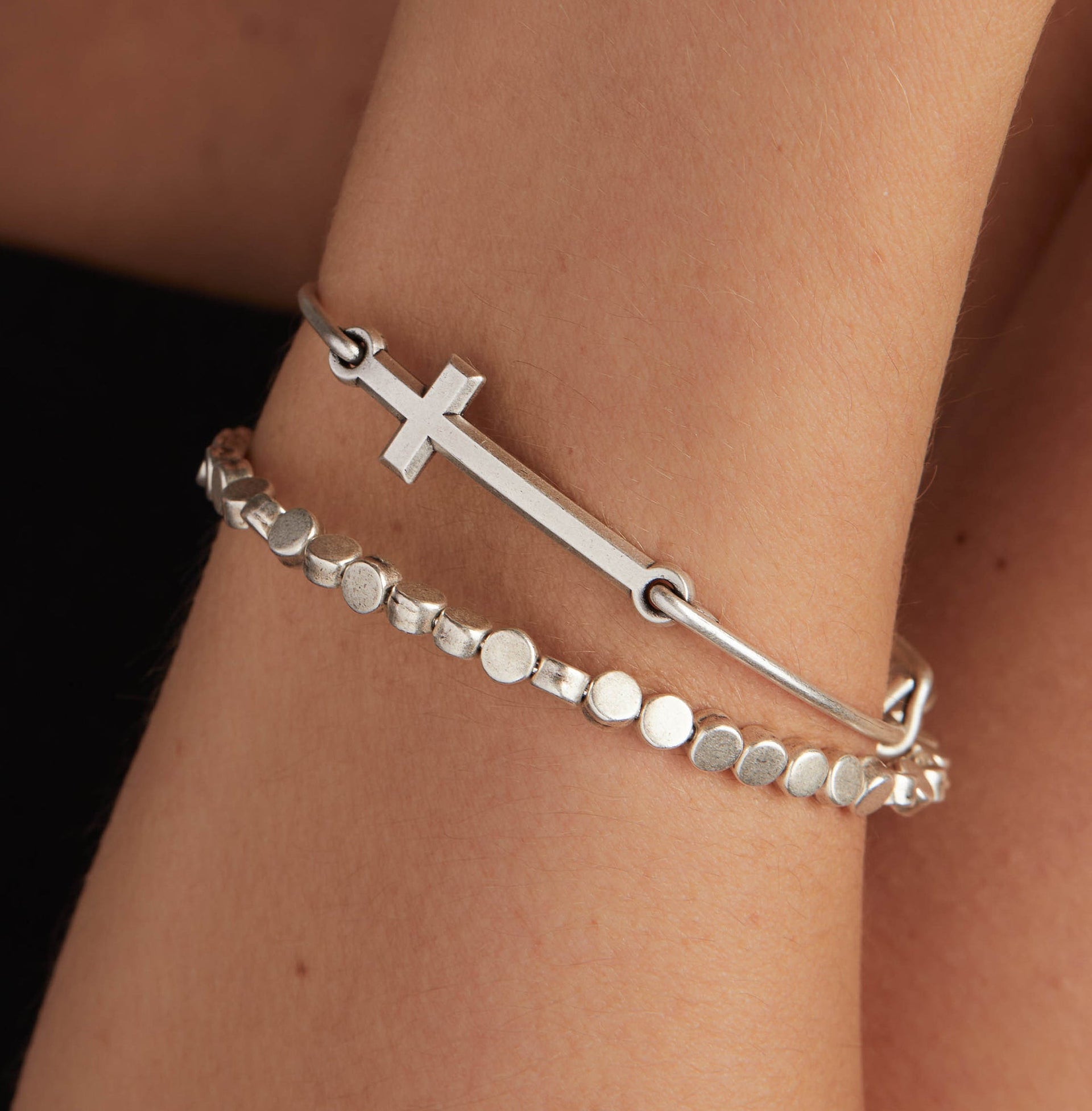 Spiritual Armor Cross Inline Charm Bangle in Silver