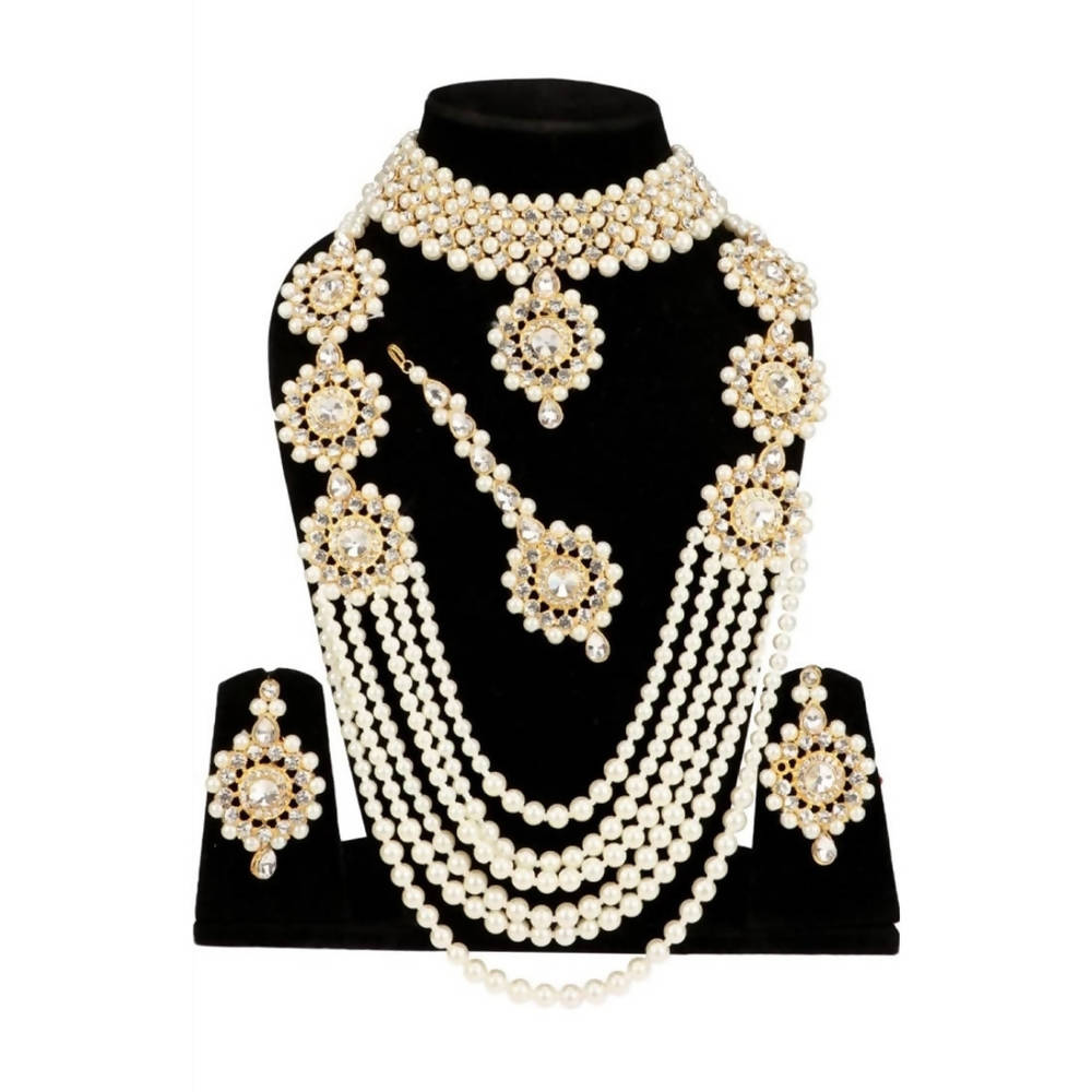 Gold-polished necklace set adorned with pearls and stones for women