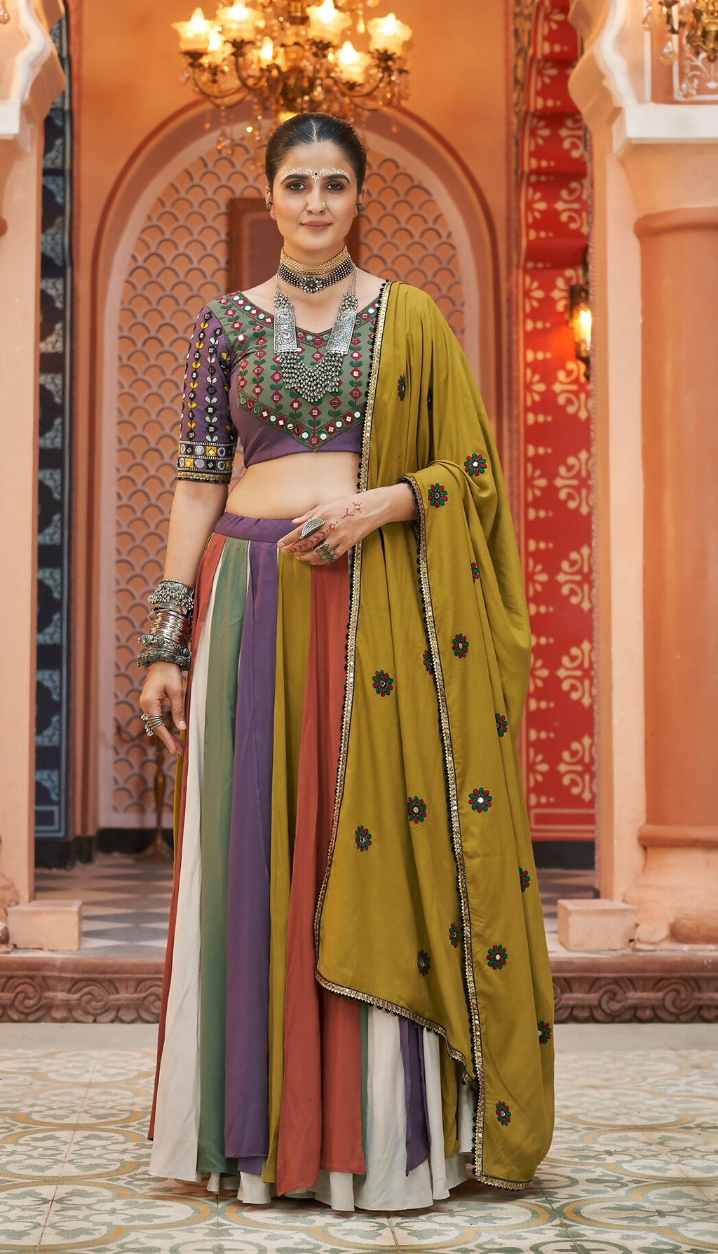Multi Color Viscose Rayon Ethnic Fusion Navratri Lehenga