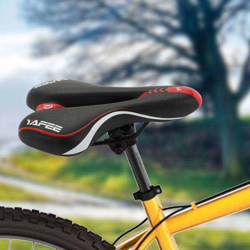 Ergonomic black and red memory foam bike saddle for road and mountain cycling
