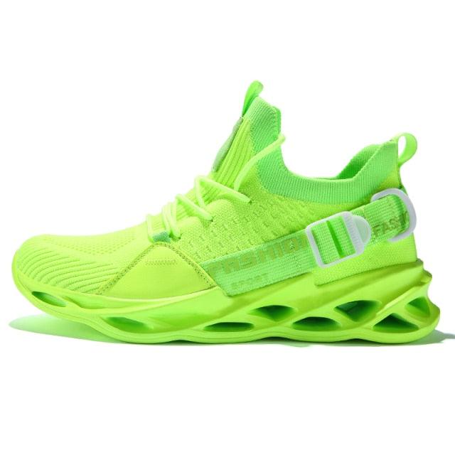 Men's breathable knit blade running sneakers in neon-green colorway
