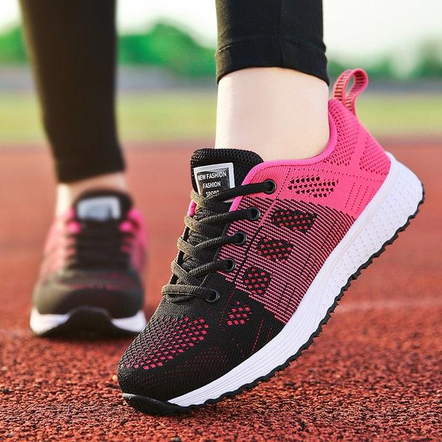 Women's Breathable Knit Mesh Walking Sneakers - Lightweight Flat