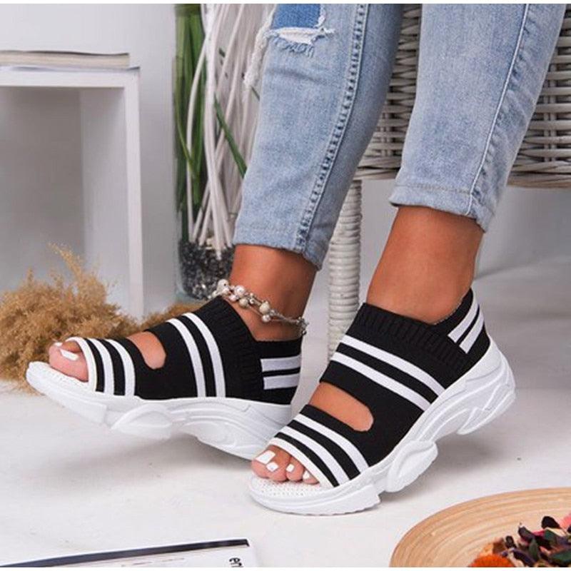 Women's Comfortable Elastic Slip-On Platform Sandals Peep Toe Shoes