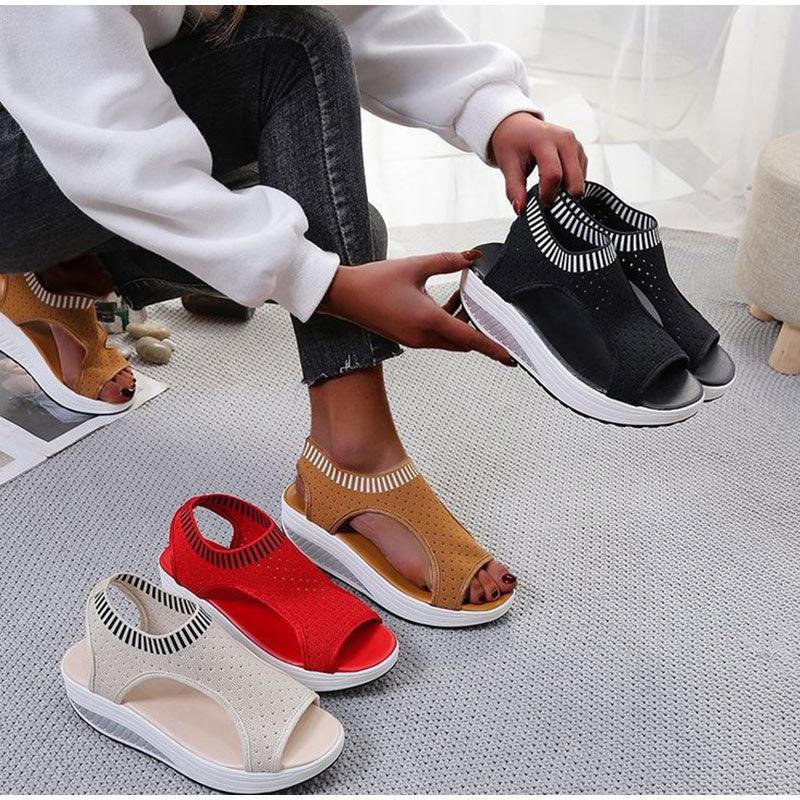 Women's Comfortable Elastic Slip-On Platform Sandals Peep Toe Shoes