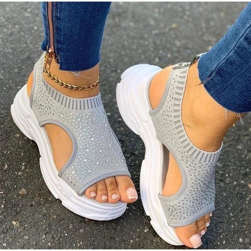 Women's Comfortable Elastic Slip-On Platform Sandals Peep Toe Shoes