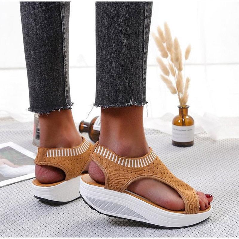 Women's Comfortable Elastic Slip-On Platform Sandals Peep Toe Shoes