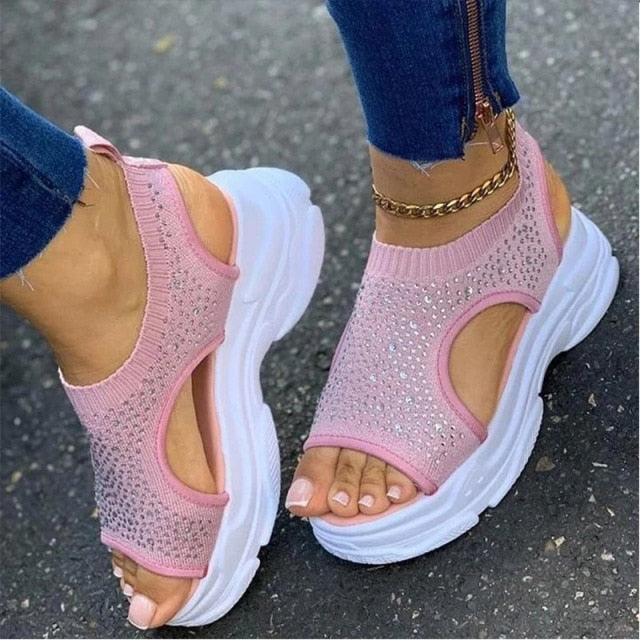 Women's Comfortable Elastic Slip-On Platform Sandals Peep Toe Shoes