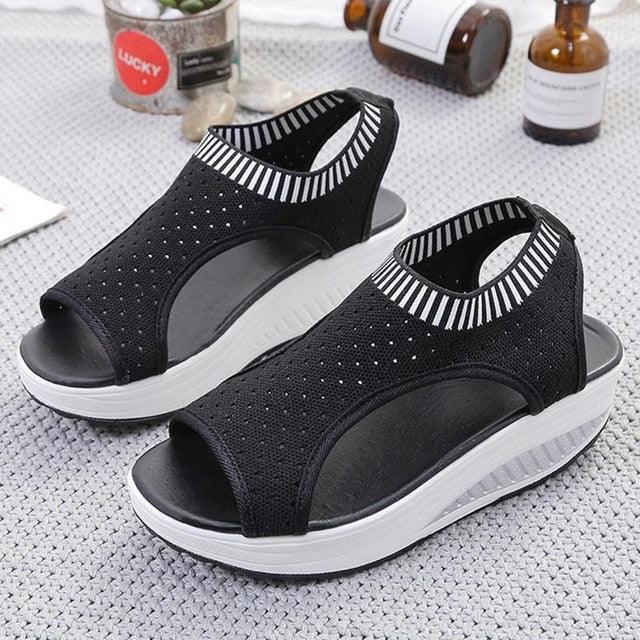 Women's Comfortable Elastic Slip-On Platform Sandals Peep Toe Shoes