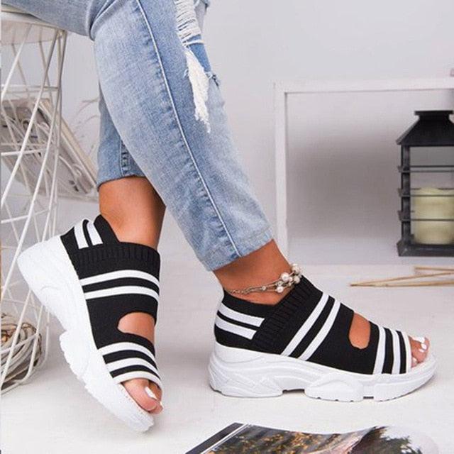 Women's Comfortable Elastic Slip-On Platform Sandals Peep Toe Shoes