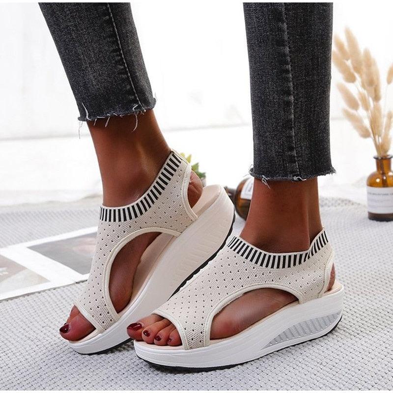 Women's Comfortable Elastic Slip-On Platform Sandals Peep Toe Shoes