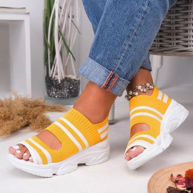 Women's Comfortable Elastic Slip-On Platform Sandals Peep Toe Shoes