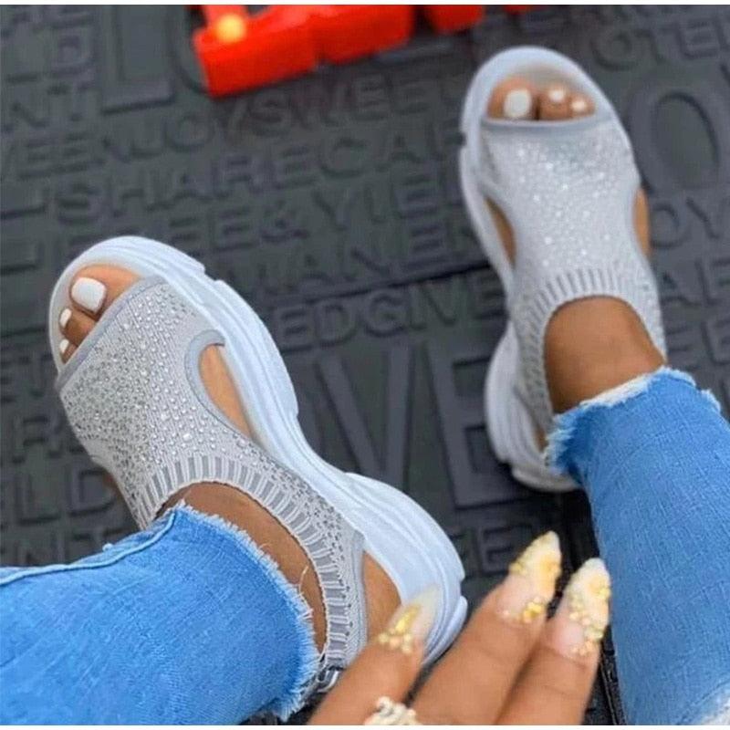 Women's Comfortable Elastic Slip-On Platform Sandals Peep Toe Shoes