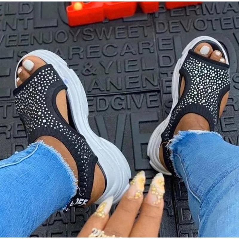 Women's Comfortable Elastic Slip-On Platform Sandals Peep Toe Shoes