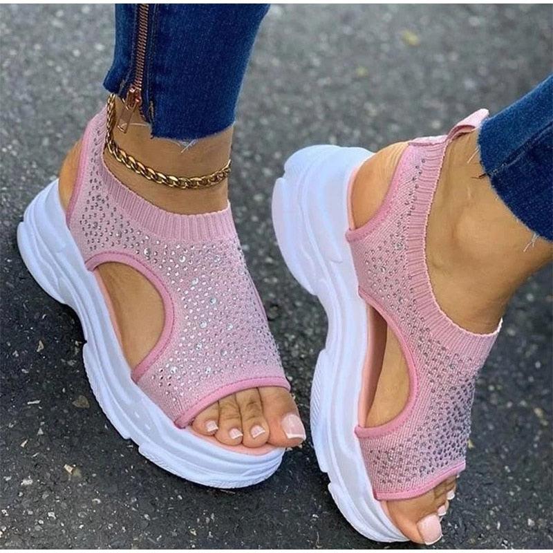 Women's Comfortable Elastic Slip-On Platform Sandals Peep Toe Shoes