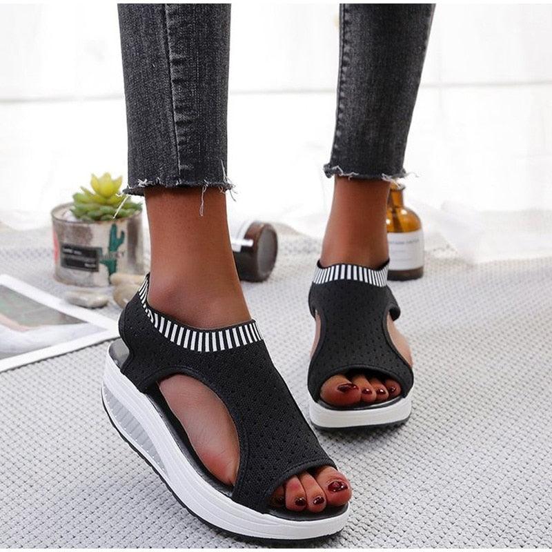 Women's Comfortable Elastic Slip-On Platform Sandals Peep Toe Shoes