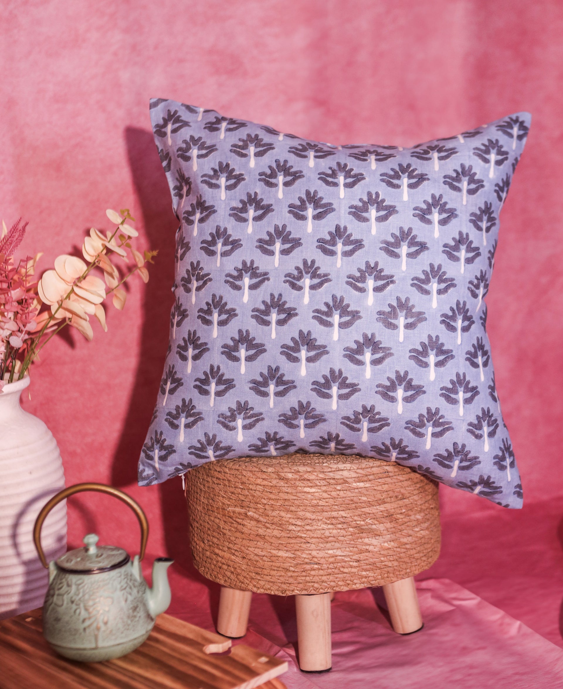 Zeenat Hand-Block Printed Linen Throw Pillow Cover in Steel Blue