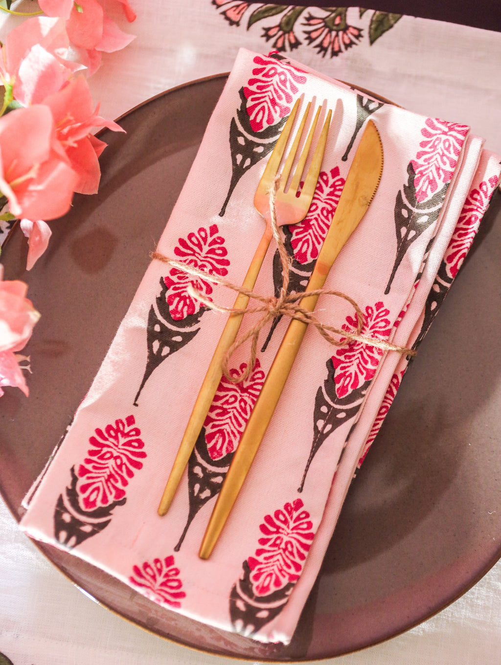 Bahaar Pink Cotton Table Napkins, Hand-Block Printed Set of 2