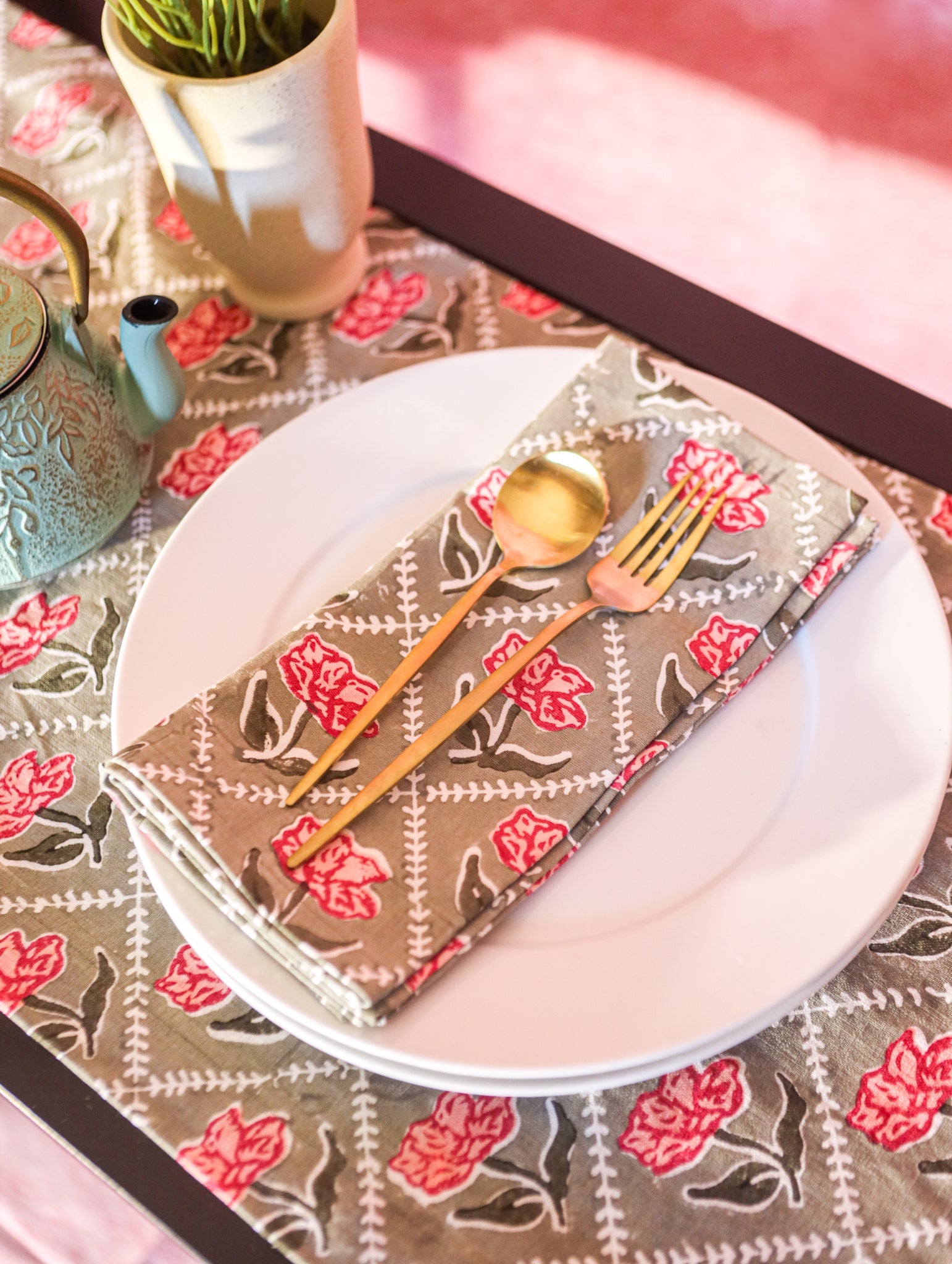Noor Cotton Table Napkins Set of 2 - Olive & Pink Floral Print