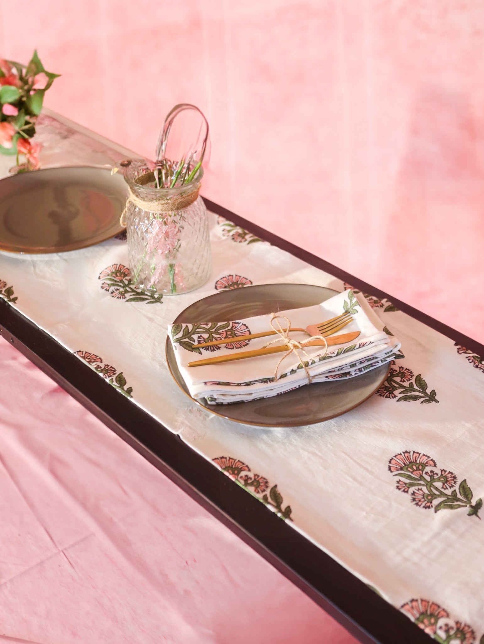 Begum Hand-Printed Linen Table Runner in Pink Floral Motif