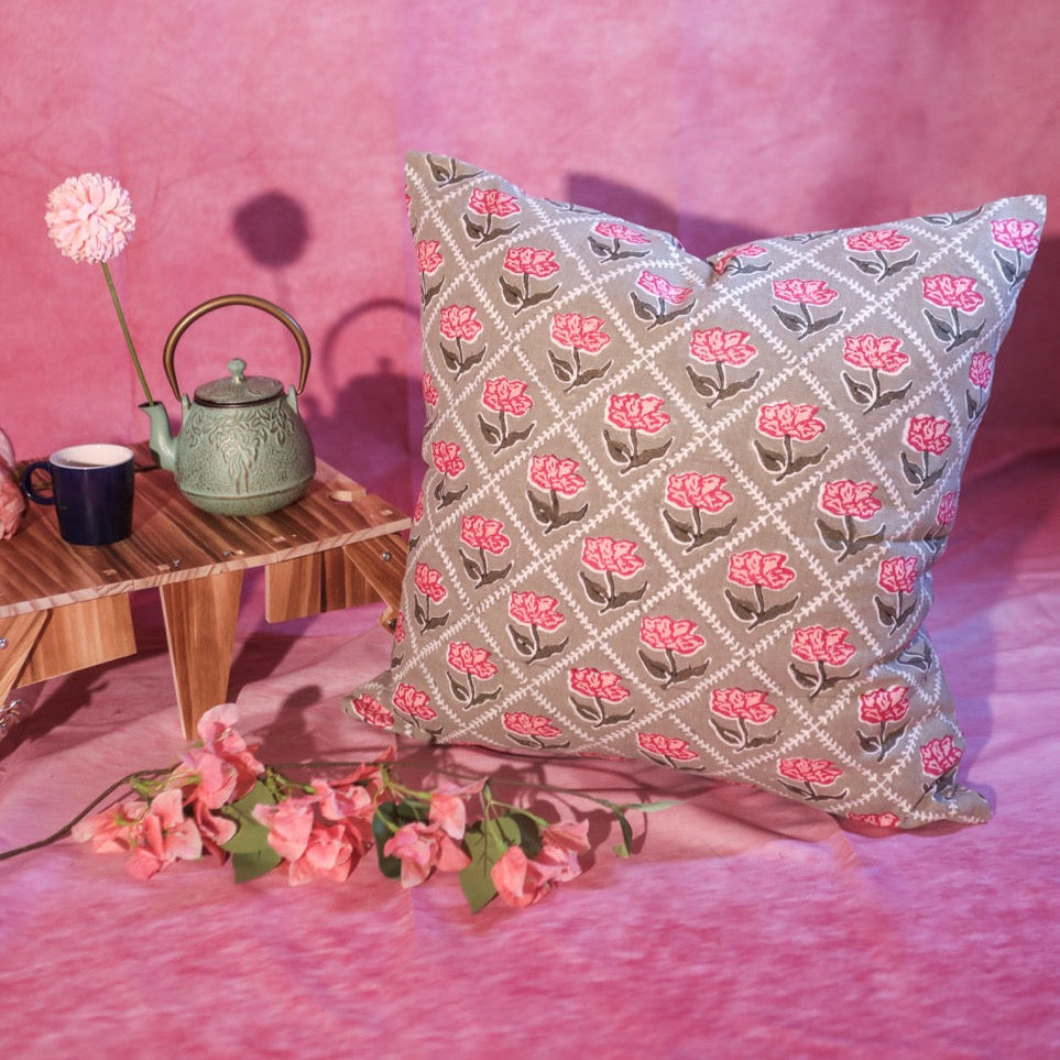 Noor Floral Linen Throw Pillow Cover in Olive and Pink