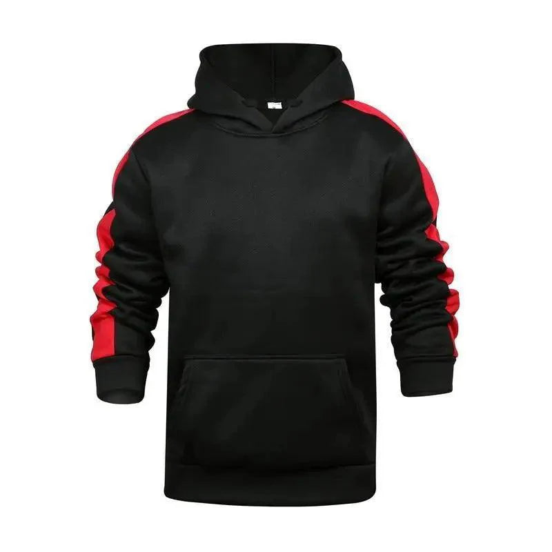 Men wearing a solid color casual hooded sweatshirt in a modern streetwear style
