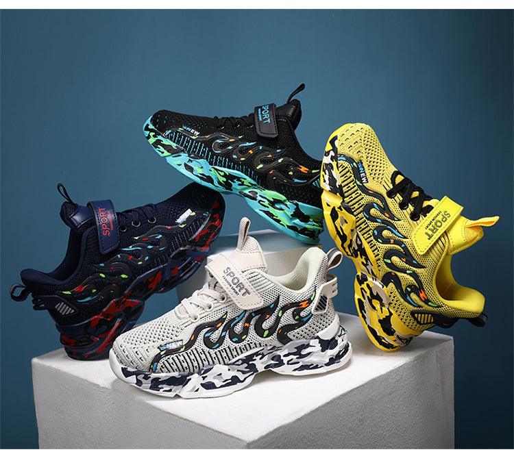 Kids Breathable Knit Athletic Sneakers - Sporty Hook-and-Loop Shoes