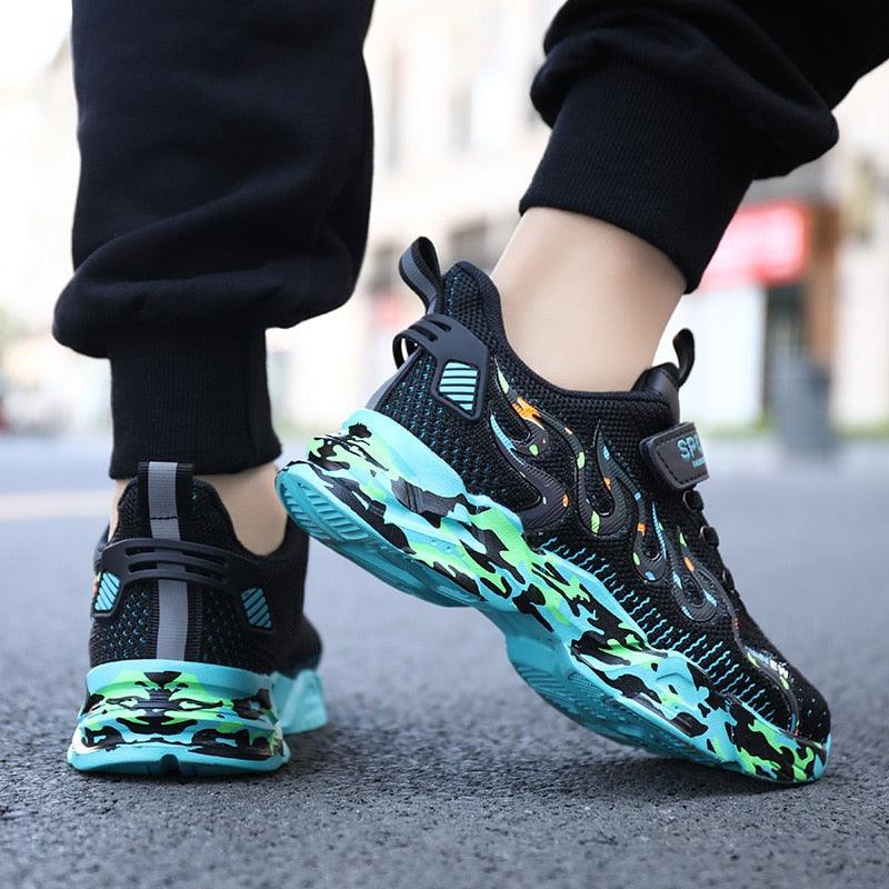 Kids Breathable Knit Athletic Sneakers - Sporty Hook-and-Loop Shoes