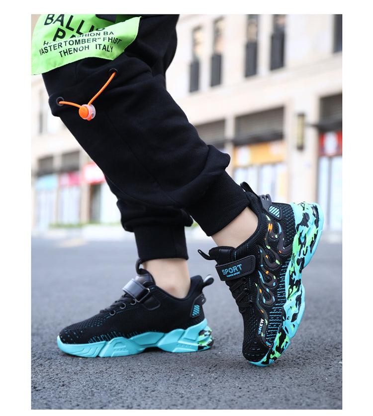 Kids Breathable Knit Athletic Sneakers - Sporty Hook-and-Loop Shoes